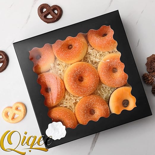 qiqee Auto-pop Up 30pcs Pie Box With Window 9x9x2.5 Inch Donut Pastry Boxes Black Bakery Box