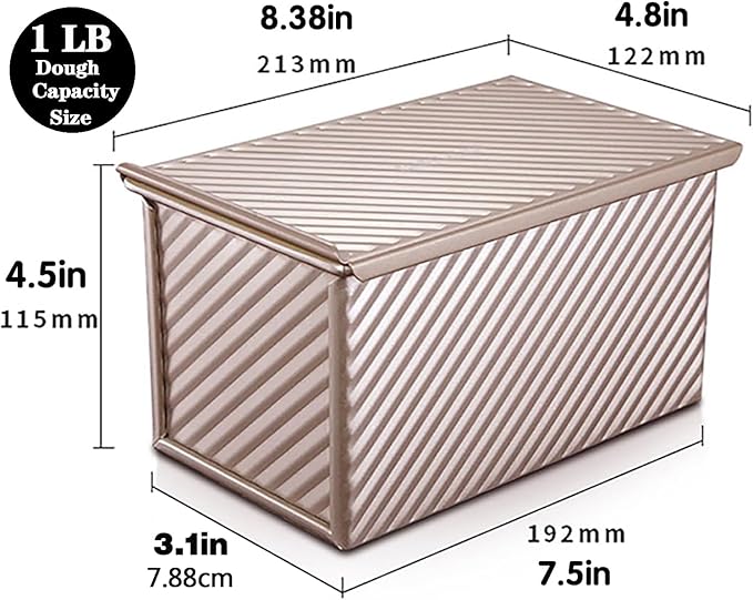 Pullman Loaf Pan with Lid, Non-Stick Bakeware Golden Corrugated Carbon Steel Bread Toast Box Mold with Cover for Baking Bread, 1 lb Dough Capacity
