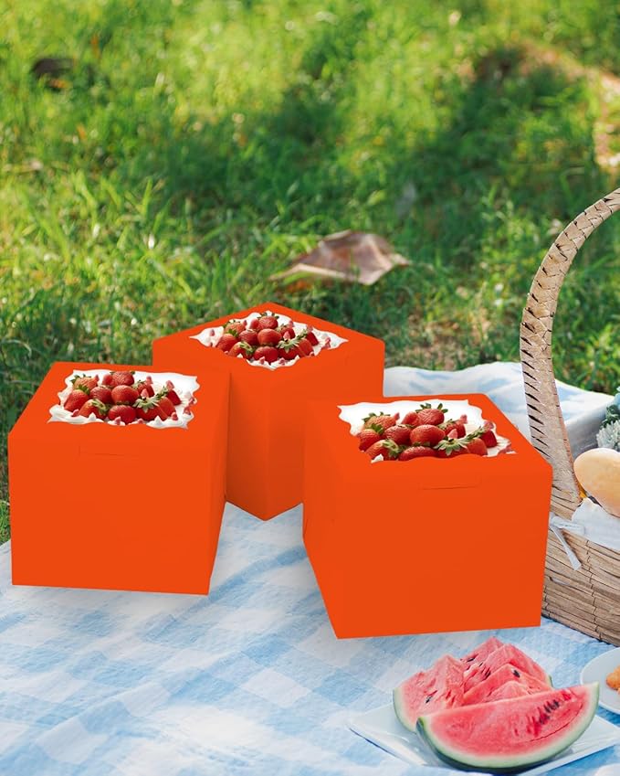 Bakepacker 36pcs 8x8x5 Inches Cake Boxes with Window 18-Packs Orange Cake Boxes 8 Inch Bakery Boxes (18 Cake Boxes +18 Cake Boards Included)