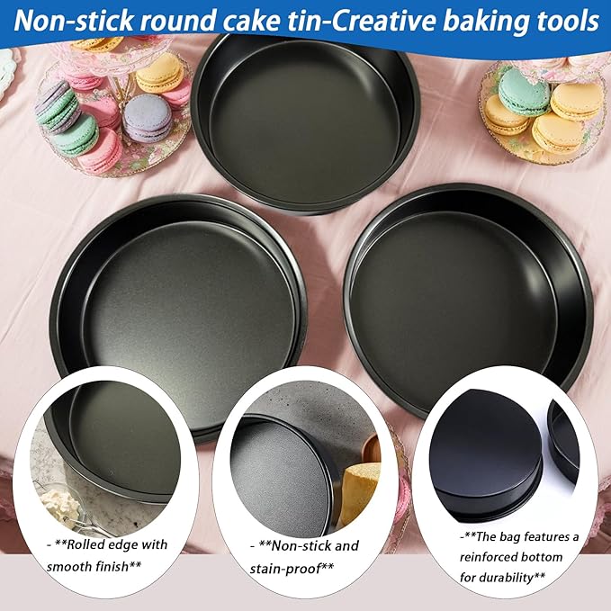8" Round Nonstick Cake Pan Set, 3 Piece Carbon Steel Solid Bottom Baking Molds, Oven Safe - Contains 50 Sheets of Oil Paper, Essential for Home Baking with Non-Stick Coating (Black)