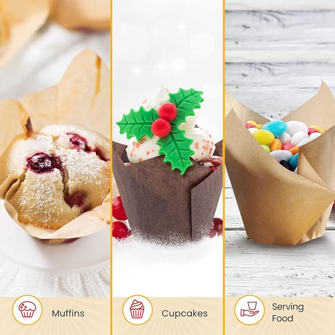 Tulip Cupcake Liners, Muffin Liners for Baking by Baker’s Signature 200pcs of Parchment Paper Cups Cupcake Wrappers – Perfect Size, Sturdy, Greaseproof & Easy to Use – Beige White Brown