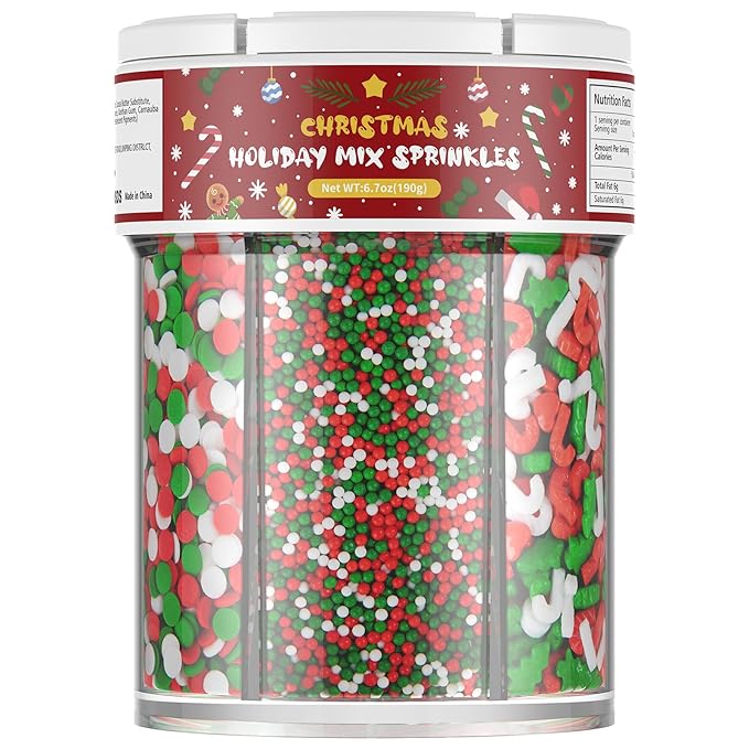 Christmas Sprinkles for Baking, 6 Cell Mix Sprinkles for Christmas Cake Decorating Fancy Sanding Sugar Sprinkles Colorful Sprinkles for Ice Cream,Donut,Chocolate Candy,Cookies Decorating - 6.7 oz