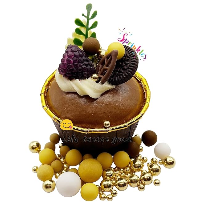 SE Si&Moos Gold White and Brown Pearl Sprinkles Edible Gold and Chocolate Pearls for Cake Decorating Edible Pearl Cake Decorations Baby Shower Cupcakes Sprinkles Party Holiday Christmas Supplies 3 OZ