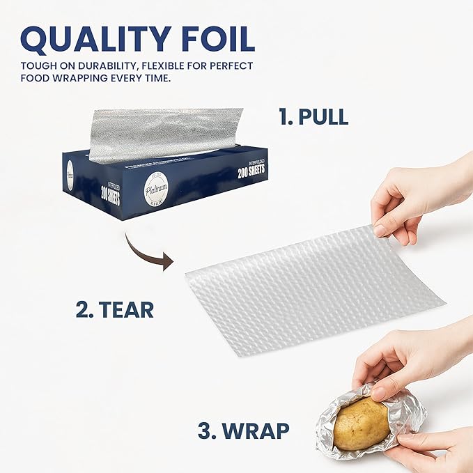 Pre-Cut Aluminum Foil Sheets 12" x 10.7" – Non-Stick, Pop-Up Disposable Sheets for Grilling, Baking, BBQ, Food Storage, and Catering (12X10.7", 200.0, sheet)