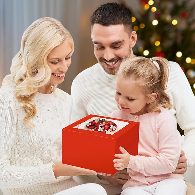 KPOSIYA 40pcs 8x8x5 inches Cake Boxes with Cake Boards(20 Boxes & 20 Boards), Red 8 inch Cake Boxes with Window,Cajas Pasteles Square Cardboard Cake Containers for Christmas Thanksgiving