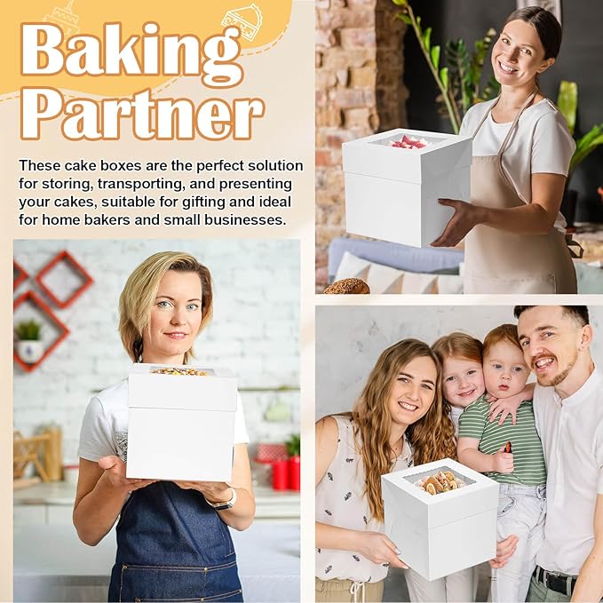 Audab 12 Pack Cake Boxes 8 Inches, Disposable Cake Transport Container with Label Stickers and Ribbon, White Bakery Boxes with Large Window for Gifting(8×8×8 Inches)