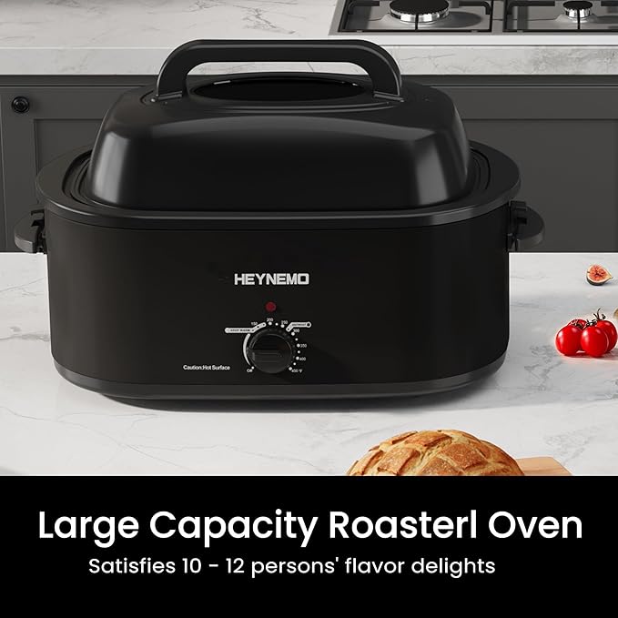 26 Quart Electric Roaster Oven with Visible & Self-Basting Lid, Large Turkey Roaster with Defrost Warm Function, Adjustable Temperature, Removable Pan Rack, Stainless Steel, Black