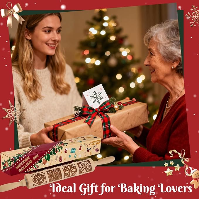 Gobam Embossed Rolling Pin for Cookies, Engraved Wooden Rolling Pin for Baking, Deep Pattern Cookie Roller for Christmas, Holiday, DIY Kitchen Decor and Gift - Vintage Tile