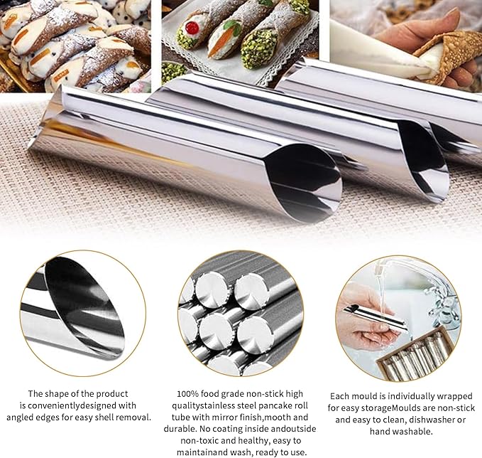 Cannoli Tubes,20PCS Stainless Steel Screw Croissant Mold with Brush, 5 inch Conical Tube Cone Roll Moulds Spiral Pastry Cream Horn Cake Bread Mold for Cannoli Tubes Croissant Baking