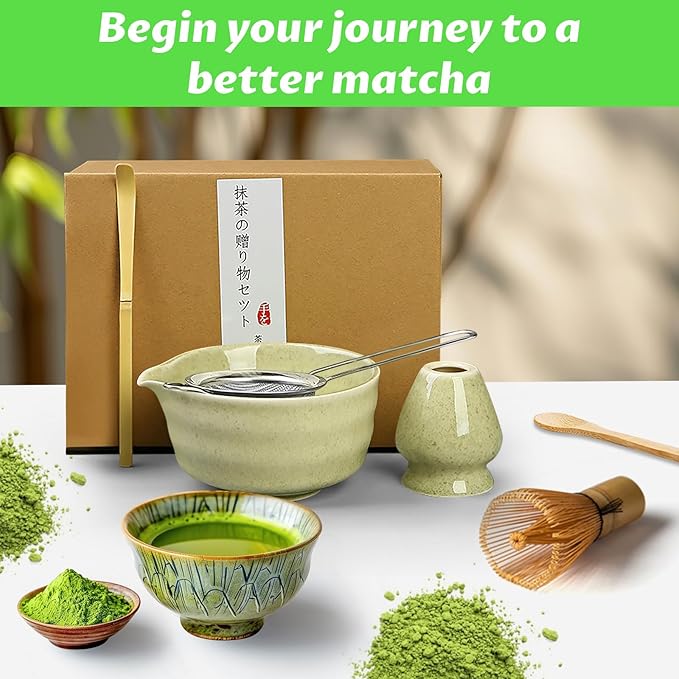 Matcha Set, 6 Pcs Matcha Whisk Set with 20 oz Bowl, Bamboo Whisk for Matcha Tea, Matcha Bowl, Ceramic Matcha whisk Holder, Stainless Sifter and Scoop - Gift for matcha kit Lovers(Green)