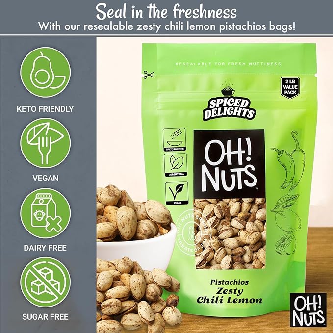 Oh! Nuts Spiced Pistachios with Chili Lemon Flavor, 2 LB – Bold & Tangy Snack, Tajin-Style Seasoning, Chili Roasted Nuts – Packed in Freshness-Sealed Resealable Bag