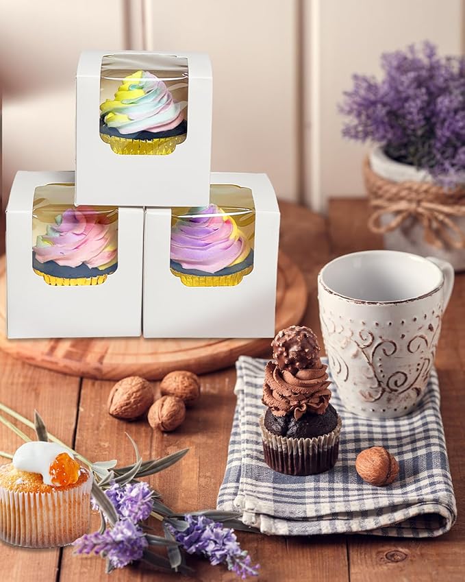 Bakepacker Auto-pop up Cupcake Boxes 100-Packs Individual Cupcake Container White 3.5" x 3.5" x 3.5" Single Cupcake Boxes