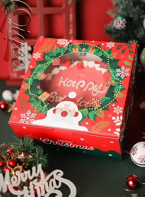 qiqee Christmas 10x10x5 Cake Box, 4 Sets Christmas Cake Box with Window & 4 Sets 10 Inch Santa Cake Round Boards, 10 Inch Cake Containers