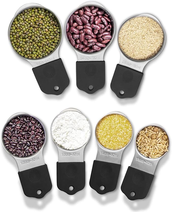 Magnetic Measuring Cups Set, 7 Pieces 18/8 Stainless Steel Stackable Nesting Heavy Duty Metal Measure Cups, Silicone Handle kitchen Tools for Dry and Liquid Ingredients, Dishwasher Safe (Black)