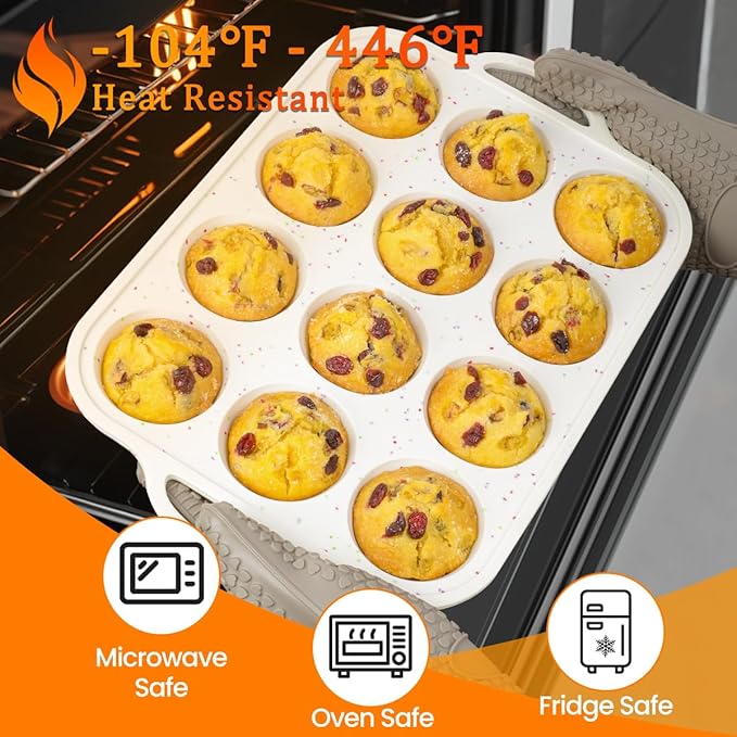 CAKETIME Silicone Muffin Pan, with Metal Reinforced Frame 2.8 Inch Regular Size Silicone Cupcake Pan Nonstick 12 Cups for Baking Homemade Muffins, Cupcakes, Egg Bites 2 Pack Dishwasher Safe BPA Free