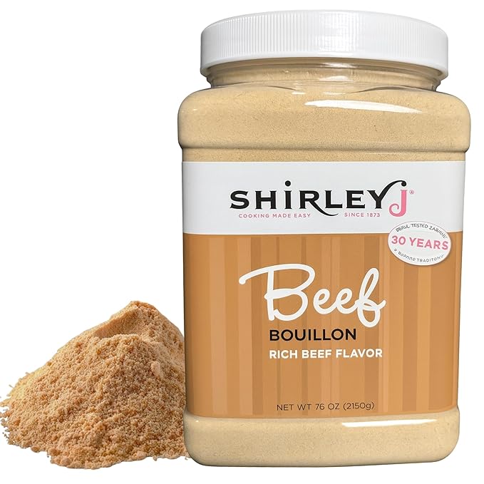Shirley J Bouillon Powder - Rich, Concentrated, & Less Sodium Chicken Bouillon - Easy to Use Powder for Soup, Stew, Gravy, & More (76 oz, Beef)
