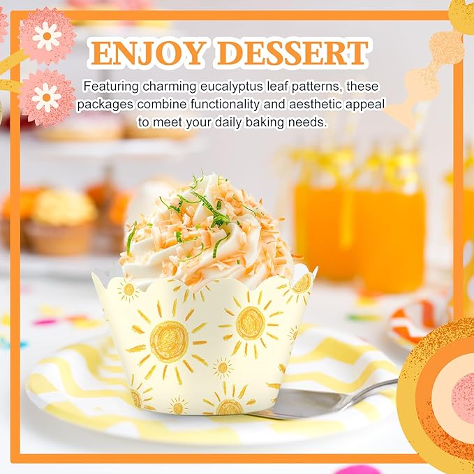 Domensi 100 Pcs Bohemian Sun Cupcake Wrappers Rustic Yellow Sunshine Cupcake Liners Baking Cups Baking Liners for Summer Picnic Wedding Bridal Baby Shower Birthday Party Supplies Dessert Decoration