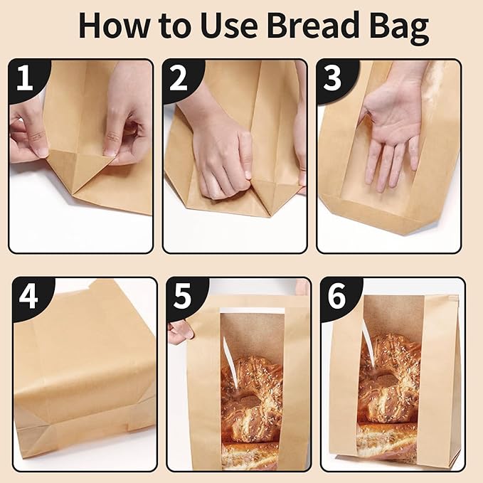 100 Pack Paper Bread Bags for Homemade Bread 14x8.3x3.5 Inches Sourdough Bags with Tin Tie Tab Lock Clear Front Window Large Kraft Bakery Bag, 100 PCS Sealing Stickers
