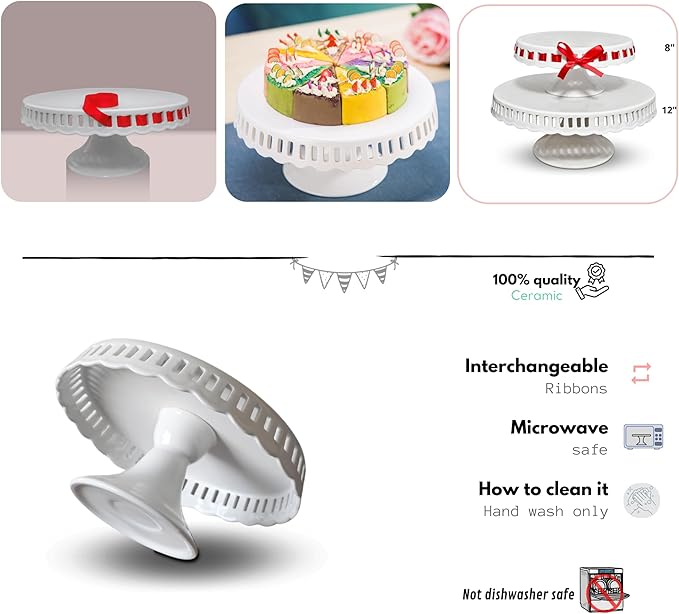 CERAMIC Cake stand,( 8 inch small cake stand ) cake pedestal stand with ribbons, cake stands for party or birthday, white cake platter - cake display stand for wedding reception, pie stand