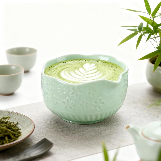 Matcha Set, 9 Pcs Ceramic Matcha Set Includes Bowl, Whisk and Holder, Bamboo Scoop, Scoop Rest, Sifter and Tea Towel ect- Complete Kit for Traditional Matcha, Modern Lattes (Green)