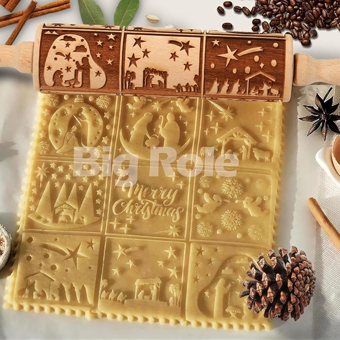 Christmas Embossed Rolling Pin for Baking Cookies Embossing Rolling Pins with Design Wooden Engraved Springerle Roller Pin Dough Patterned Clay Pottery Ceramic Bakers Women (Nativity Square Patterns)