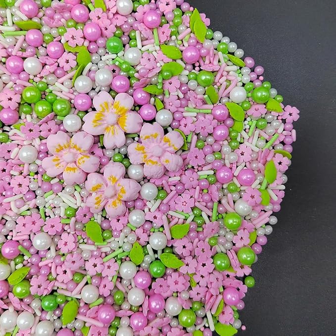 Homankit Edible Flowers for Cake Decorating Pink Flowers Sprinkles White Green Sugar Pearls Baking Cake Cupcake Toppers Cookie Dessert Decorations Birthday Party Supplies with 4 Large Flowers