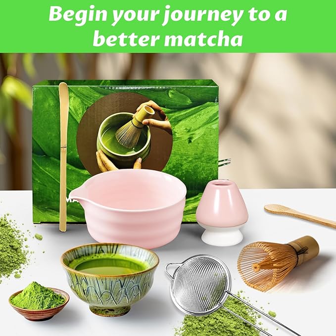 Matcha Set, 6 Pcs Matcha Whisk Set with 20 oz Bowl, Bamboo Whisk for Matcha Tea, Matcha Bowl, Ceramic Matcha whisk Holder, Stainless Sifter and Scoop - Gift for matcha kit Lovers(Pink)