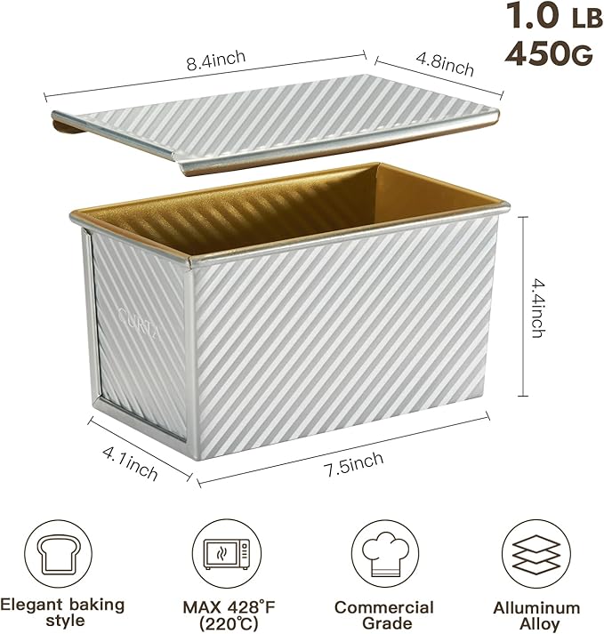 CURTA Commercial Pullman Loaf Pan with Lid 1 lb Dough Capacity Non-Stick Bakeware for Baking Bread, Corrugated Bread Bread loaf pan, Single Sided Silver 1pcs