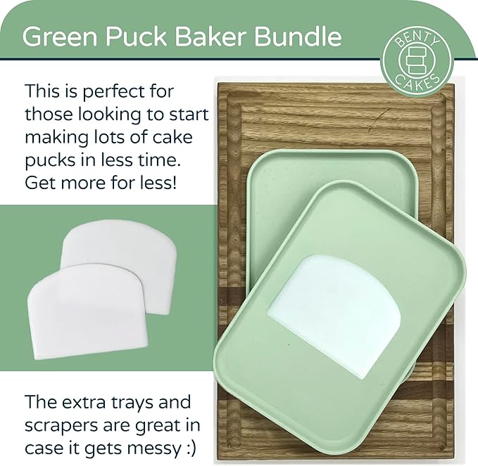 Benty Cakes – The Original CakePuck Baker Bundle – Better than a Cake Pop! Make Chocolate Covered Dessert – BPA Free Silicone – Includes 3 Mold Sets + 5 Trays + 6 Scrapers – Green