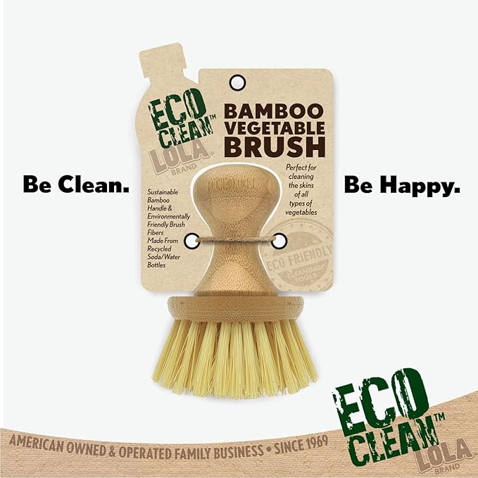 LOLA Vegetable Brush w/Comfort Bamboo Knob, 6 Pack, Durable Poly Bristles, Natural Bamboo, Fibers are Recycled Soda/Water Bottles