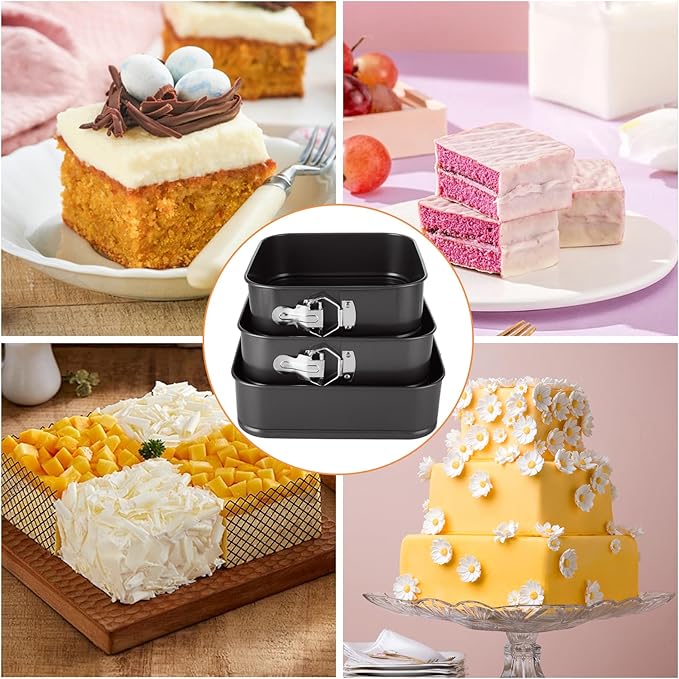 3PCS Square Springform Pan with Removable Bottom 8 inch/9 inch/10 inch Springform Cake Pan Non-stick Square Bakeware for Cake, Cheesecakes, Pizza, and Quiches