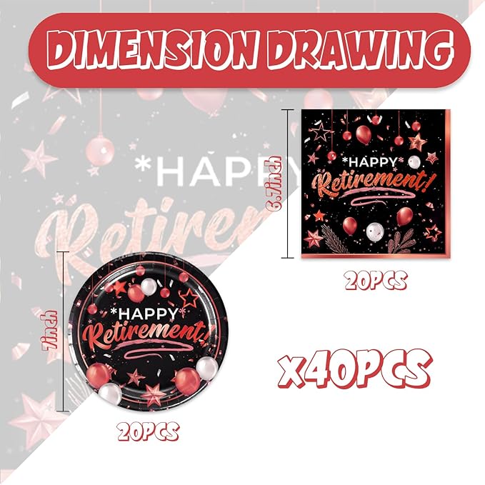 40pcs Retirement Party Decoration,include 20 dessert plate, 20 Napkin,Used for Rose Gold and Red Retirement Party Supplies