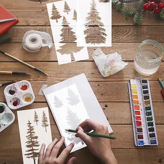 Leaf Trees Stencils Christmas Reusable Pine Drawing Stencils Winter Holiday Templates Cypress Stencil Woodland Painting for Wood Canvas Home Decor Crafts (4 Pcs Leaf) (Style 2)