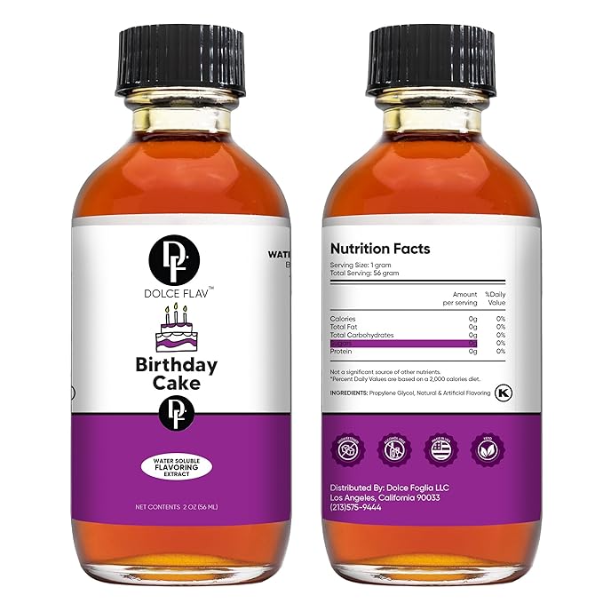 Dolce Flav Birthday Cake Extract – 2 Ounce Water-Soluble Kosher, Sugar-Free, Concentrated Festive Cake Flavoring for Frostings, Cupcakes & Desserts, Includes Measured Dropper