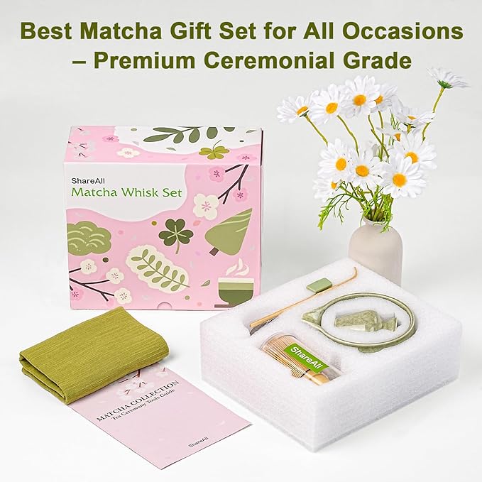 Matcha Whisk Set, 7Pcs Matcha Set - Matcha Bowl with Spout, Handcrafted Bamboo Whisk & Ceramic Holder, Steel Sifter, Towel, Matcha Kit for Tea Ceremony, Timeless Ideal Gift (Speckled green)