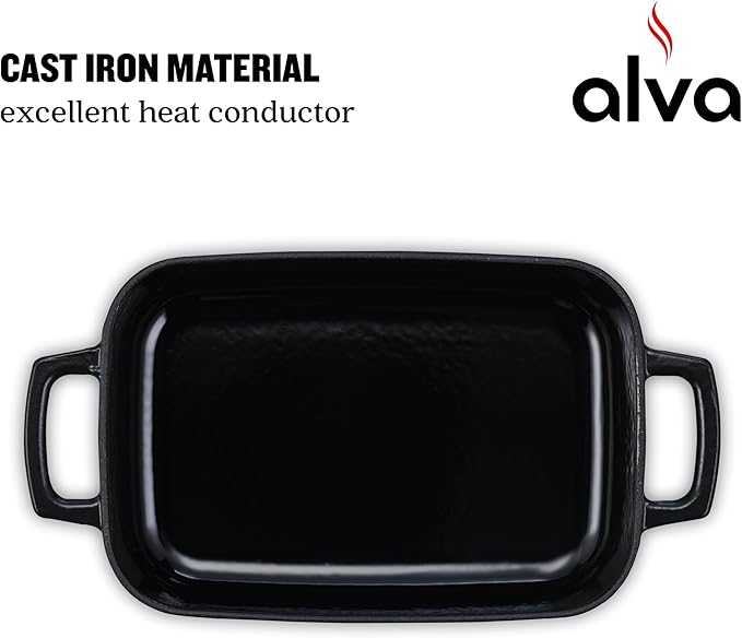 Alva Nori Enameled Cast Iron Roasting Pan 12x8" – Made With No PFAS/PTFE/PFOA, Oven & Induction Safe – 3-Layer Enamel, No Seasoning Needed – Durable, Easy-Clean Bakeware for Healthy Cooking, Black