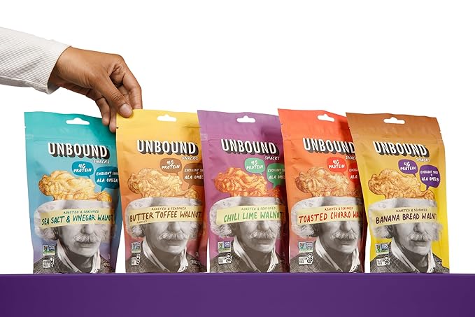 Unbound Snacks Flavored Nuts - Variety Walnuts Sampler, 4 oz (Pack of 5) - Healthy Snacks, 4g Protein, High in Omega 3, Gluten Free, Vegan - Freshly Roasted & Seasoned Gourmet Walnut Halves