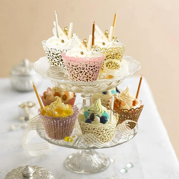 GOLF 100Pcs Cupcake Wrappers Artistic Bake Cake Paper Filigree Little Vine Lace Laser Cut Liner Baking Cup Wraps Muffin CaseTrays for Wedding Party Birthday Decoration (Pink)