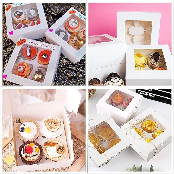 24 PCS White Cupcake Boxes with Window & Inserts, Cupcake Containers 4 Count, Bakery Boxes, Cookie Boxes 6x6x3" Cake Boxes, Pastry Boxes Muffins Treat Gift Boxes for Macaroon Pops Strawberries