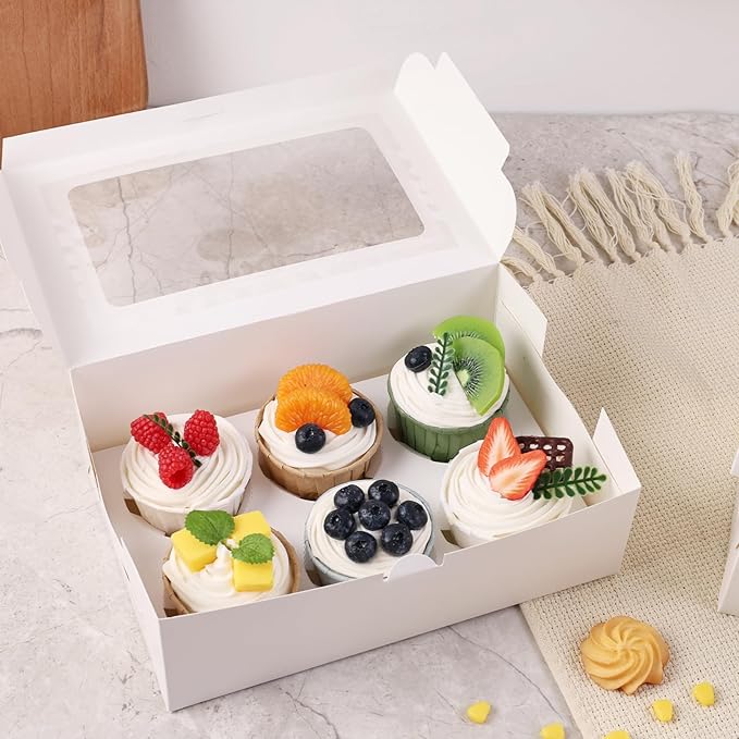 HONEYGIFTS 6 Count White Cupcake Boxes, 6 Sets Cupcake Carrier with Window Boxes Holding 36 Pastry Box for Birthday Holiday Party Bakery Supplies
