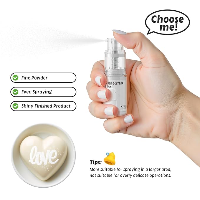 Edible Glitter Spray,Food Grade 5g Edible Glitter for Cake Decorating Desserts, Beverages, Cupcakes, Cake Pops and Cookies - White