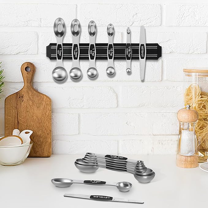 Wildone 14 Pack Stainless Steel Measuring Spoons Set, Including 8 Double Sided Magnetic Measuring Spoons(Black), 1 Leveler & 5 Mini Measuring Spoons, for Dry & Liquid Ingredients, Fits in Spice Jar