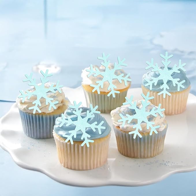 Gyufise 60Pcs Edible Snowflake Cupcake Toppers Winter Cupcake Picks Water Paper Winter Frozen Cake Decorations for Snowflake Theme Baby Shower Kids Birthday Party Supplies Blue