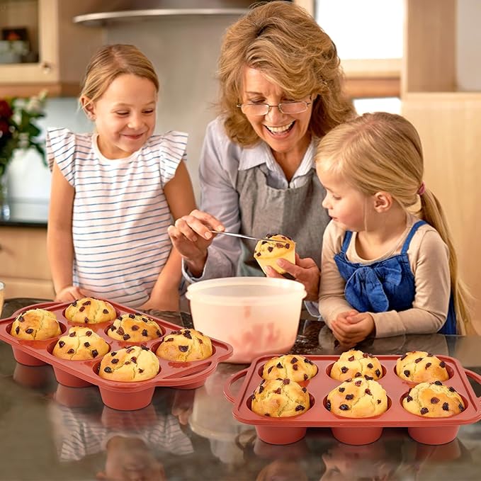 JOERSH 2 Pack Jumbo Muffin Pan with Metal Frame, 6 Cup Large Cupcake Mold with Handles, Non-Stick Silicone Baking Tray for Jumbo Muffin, Cupcake, Egg Bite