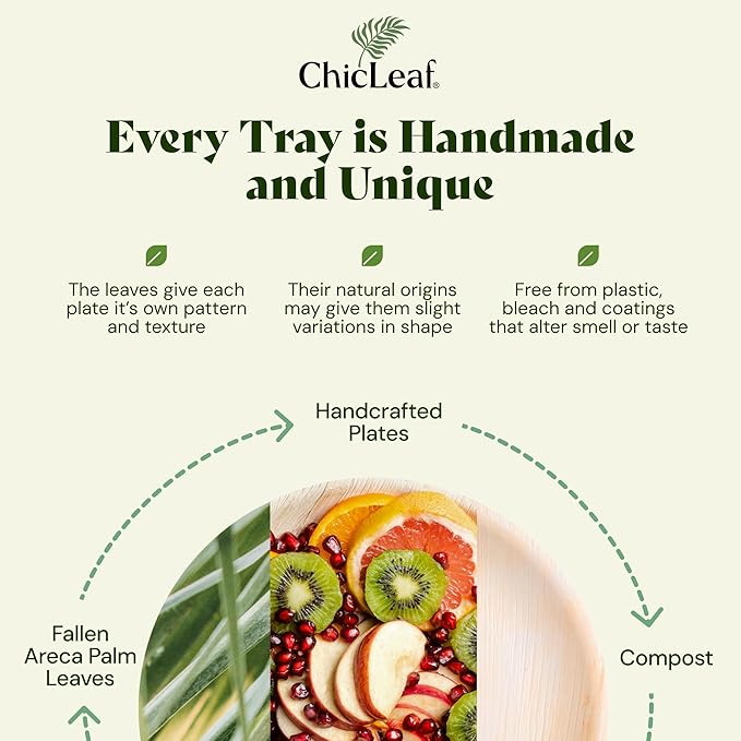Chic Leaf All Natural Compostable & Disposable Rectangular 14" Round Palm Leaf Tray for Parties, Charcuterie Board, Catering & Weddings - Palm Leaf Platter Party Plates, Thanksgiving Dinner (20 pc)