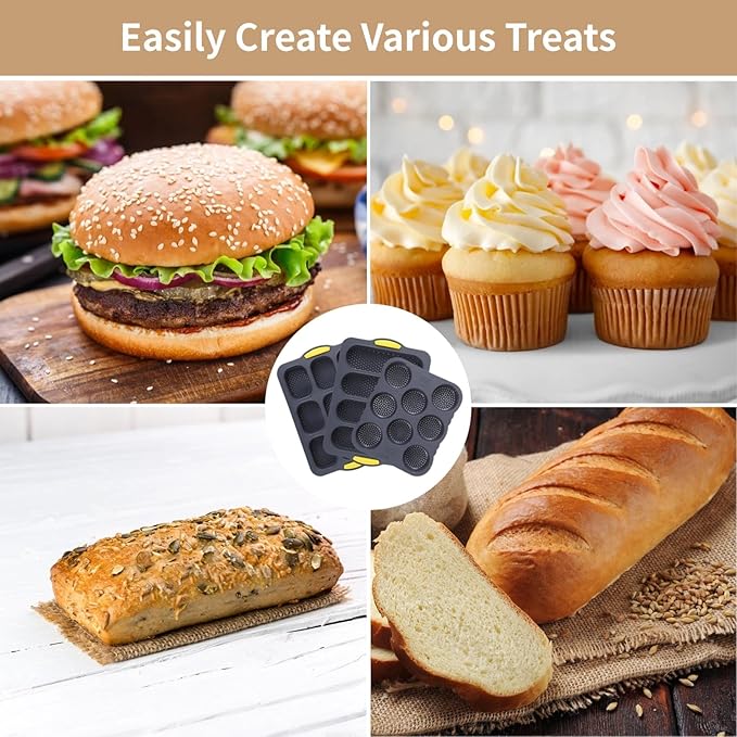 Set of 6 Hamburger Bun Pans for Baking, 4/8/9-Cup Hamburger Bun Mold, Silicone French Bread Baking Pan with Brush, Spatula, and Grab Glove, Nonstick Perforated Baking Pans, Dishwasher Microwave Safe