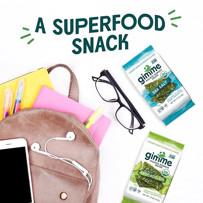 Gimme Seaweed Organic Premium Roasted Seaweed Snacks, Sea Salt, 40 Count, Keto, Vegan, Gluten-Free, Great Source of Omega3s and Iodine, Healthy On-The-Go Snack for Kids and Adults