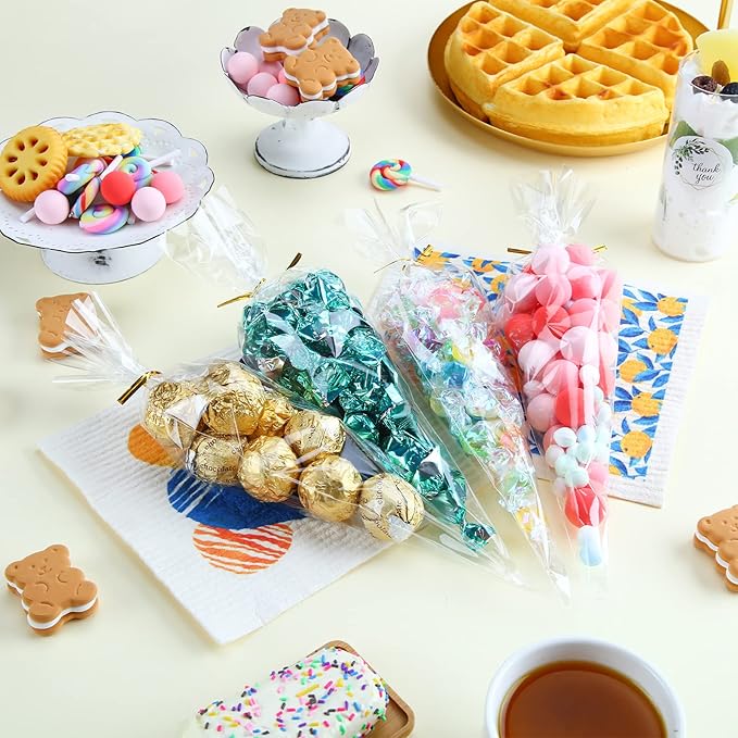 Outus 100 Pcs 7 x 12 Inch Cone Shaped Clear Cello Cellophane Treat Bags Medium Transparent Cone Cello Sweet Treat Bags with 100 Pieces Twist Ties for Party Favor(Gold Twist Ties)