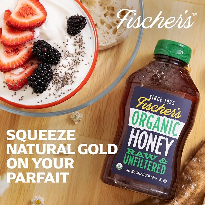 Fischer's 100% Organic Honey, USDA Certified, 24 Oz – Pure, Raw & Unfiltered Honey – All-Natural Sweetener – Rich Flavor Profile, Packed with Nutrients