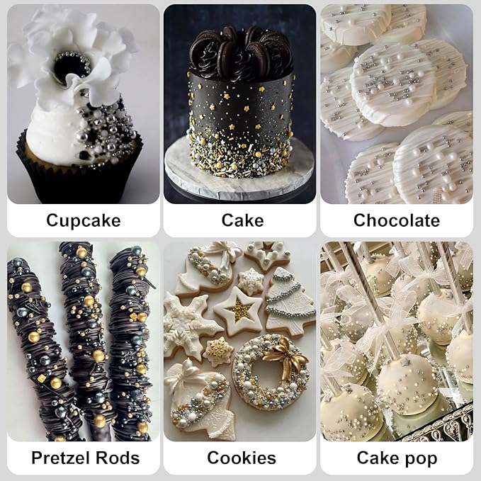 HUEBEATY 6-in-1 Edible Cake Pearl Sprinkles โ Black Gold Silver White Sprinkles for Cake Decorating, Cupcakes, Cookies & Ice Cream | 6.36oz/180g | Wedding, Birthday, Graduation, New Year, Valentines Decorations